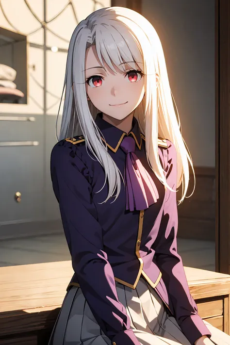 Highest quality, (masterpiece:1.2), Very detailed, destiny/Background of stay, indoor, Illyasviel von Einzbern, etc., One girl, alone, Sitting, Looking at the audience, Mouth closed, smile, Long Hair, Gray Hair, Red eyes, Purple Shirt, Ascot, White Skirt