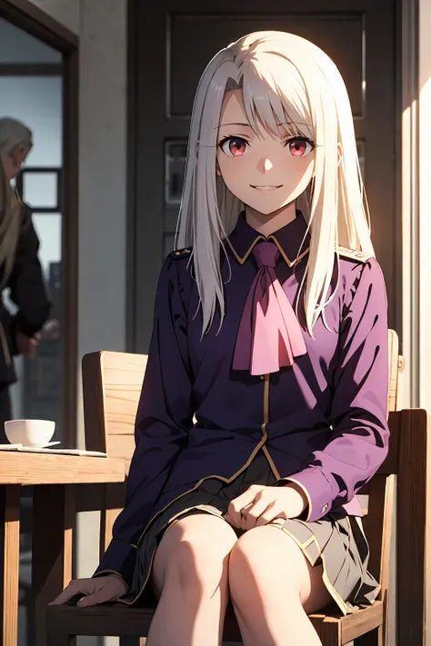 Highest quality, (masterpiece:1.2), Very detailed, destiny/Background of stay, indoor, Illyasviel von Einzbern, etc., One girl, alone, Sitting, Looking at the audience, Mouth closed, smile, Long Hair, Gray Hair, Red eyes, Purple Shirt, Ascot, White Skirt