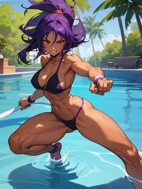 18 year old Yoruichi Shihöin from Bleach with tanned skin and a seductive smile, in a purple thong bikini flexing her muscles in a pool to show off her chiseled body, highly detailed 