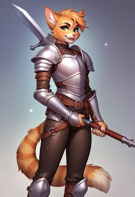 cute androgynous cat monk, holding a weapon, wearing leather armor, fun00d, fantasy, tabby fur