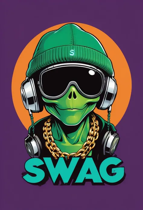 creative logo illustration of a green dj alien with orange beanie hat, golden chaine, hip hop outfits featuring the word ( SWAG ), The overall theme is vibrant and fantastic with a touch of digitl art  sketch by frank frazetta, dan mumford, carne griffith,...