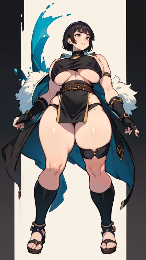 (masterpiece), best quality, female warrior, huge girl, female muscular:1.2, straight hair, black hair, curvy, ((thick thighs:1.4)), (((blank background))), ((full body)), fingerless gloves, sandals, sleeveless, covered nipples, (underboobs:1.3), medium ha...