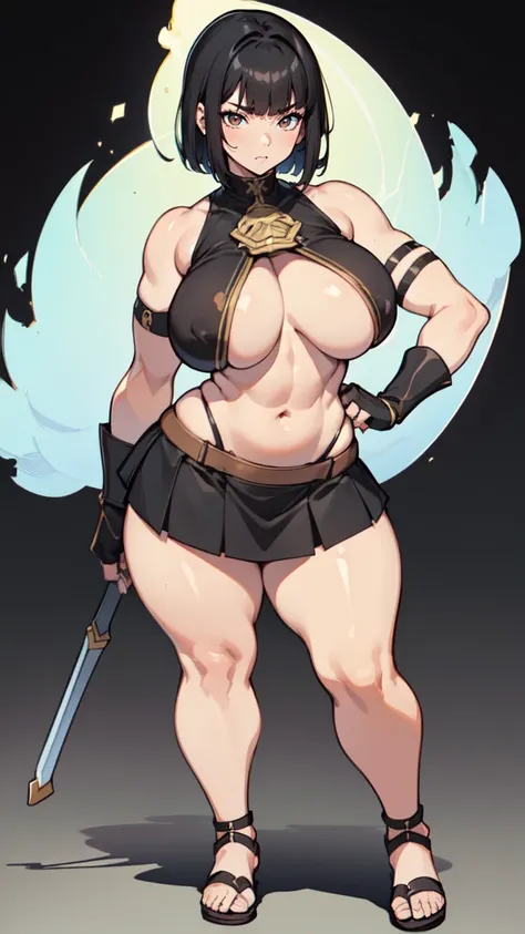 (masterpiece), best quality, female warrior, huge girl, female muscular:1.2, straight hair, black hair, curvy, ((thick thighs:1.4)), (((blank background))), ((full body)), fingerless gloves, sandals, sleeveless, covered nipples, (underboobs:1.3), medium ha...