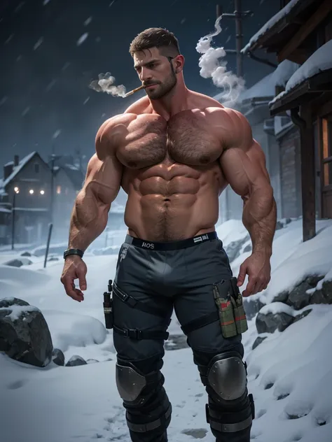 Dark gothic village in the background, old Chris Redfield from Resident Evil 8, 48 year old, muscular male, tall and hunk, biceps, abs, chest, (pecs:1.3), (muscle:1.3), no top clothes,  topless, underwear, bulge, thick beard, cold face, cigarette in mouth,...