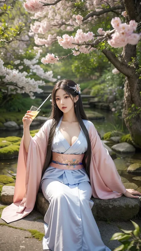 best quality,masterpiece,Ultra-high resolution,(photoactual:1.4),,beautiful_Face,Twenty-five-year-old oriental nine-tailed fairy fox woman,bright eyes,cleavage,Long silver hair above the waist,Wearing a Japanese kimono（1：0）,Samurai sword,Drinking under the...