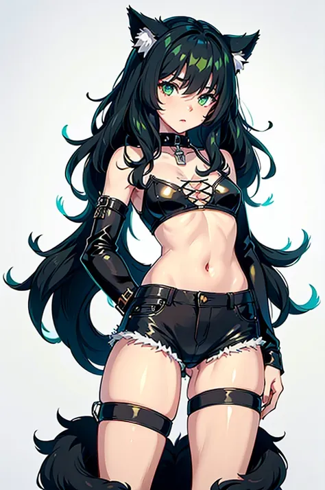 young kitten with green eyes, long black hair. black fur and skin, with white internal parts, in a sexy pose, wearing tight shor...