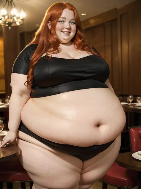 A happy photo of a young cute redhead bbw with long wavy ginger hair, huge soft fat belly, wide fat obese hips, thick fat legs and fat arms, cute pretty face, small breasts, blue eyes, freckles, in a beautiful detailed covering long red dress and black sto...