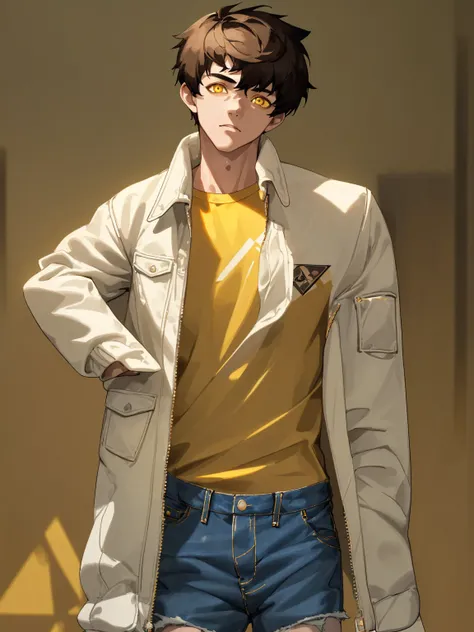 1boy, wolfcut brown hair, yellow eyes, wearing plain white t-shirt, cream bomber jacket, denim shorts, photo studio, absurdres, highres, ultrasharp, 8k, masterpiece, looking front at camera, 