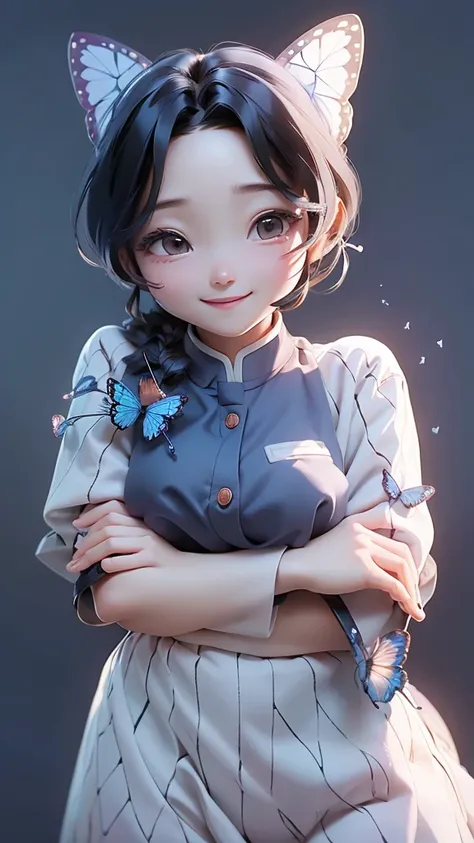 A school uniform with a butterfly-like haori、A truly beautiful smile、Realistic、Hair is a night 、Hair is upstyle、Blue butterfly hair ornament、syringe