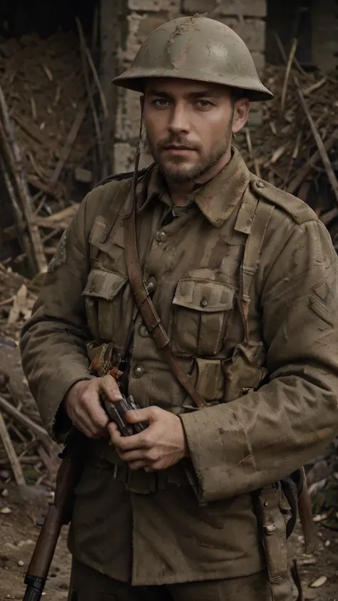 (masterpiece), best quality, expressive eyes, perfect face, All quiet on western Front, man, trenches, dirty, uniform, realistic, HD, Rifle, mas-36, battle, fighting, world war 1, bearded, mature