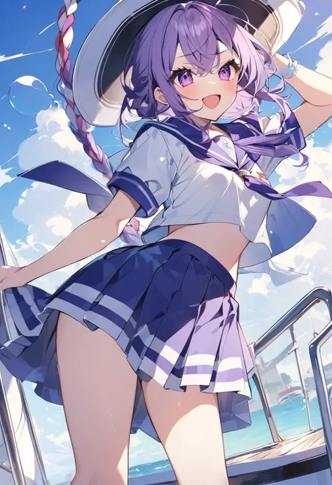 Keito。Purple Eyes。Purple Hair。Sailor suit。Boat。