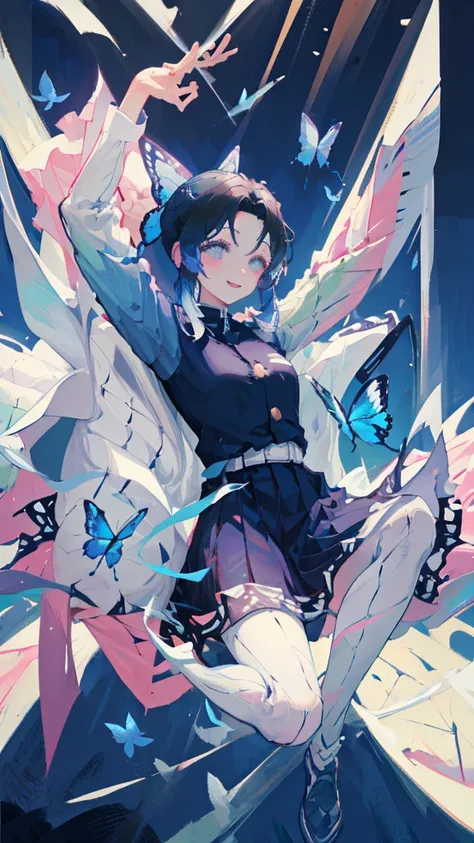 A school uniform with a butterfly-like haori、A truly beautiful smile、Realistic、Hair is a night 、Hair is upstyle、Blue butterfly hair ornament、syringe