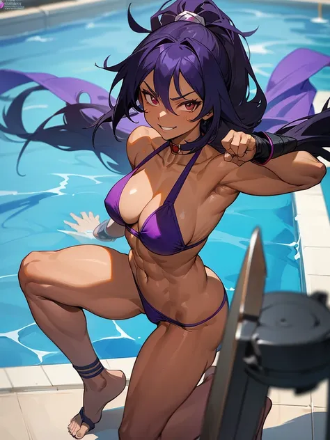 18 year old Yoruichi Shihöin from Bleach with tanned skin and a seductive smile, in a purple thong bikini flexing her muscles in a pool to show off her chiseled body and rock hard abs, highly detailed 