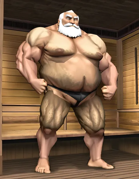 Full body shot of old giant sitting in sauna。Just as big，Too much muscle。The bronzed old man in shorts has a particularly large body。结实有力坚硬如铁块状分明健strong发达充满力量肉特别多黑色的皮肤。全身在变大变strong在桑拿房。Huge breasts，The body swells。裸身Full body shot of old giant sitting in s...