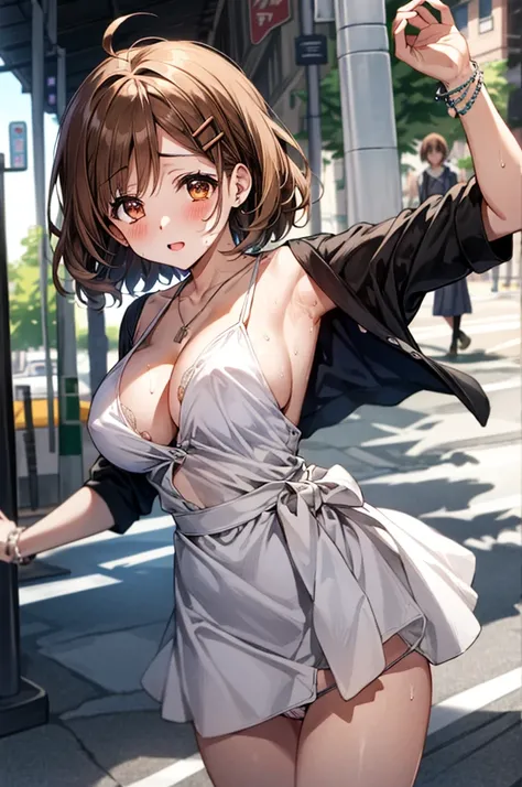 （White dress white、No sleeve、Armpit）、Big Breasts、独奏、Toned body、Bare thighs、(short hair、Brown Hair、Barrette、hair ornaments)、(Brown eyes:1.5)、(yuihirasawa、yui hirasawa、Yui Hirasawa)、(Panty shot、White panties、Panties transparent with sweat、Mansuji)、Big Breast...