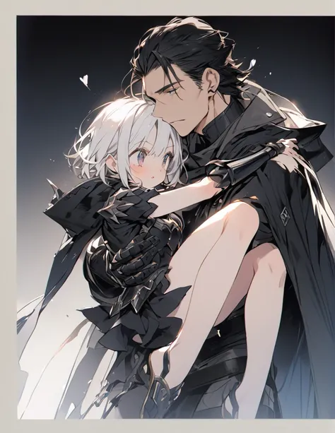 A man in black armor holding a girl with short white hair
