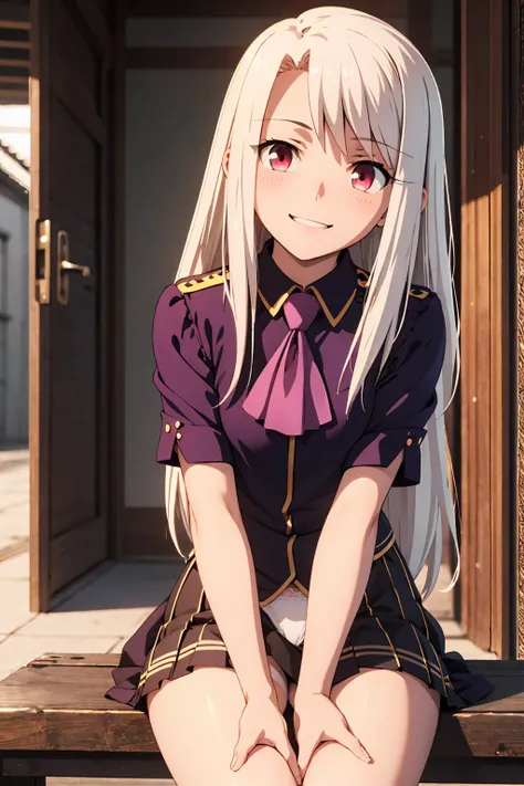 nsfw highest quality, (masterpiece:1.2), Very detailed, destiny/Background of stay, indoor, Illyasviel von Einzbern, etc., One girl, alone, Sitting, Looking at the audience, Mouth closed, smile, Long Hair, Gray Hair, Red eyes, Purple Shirt, Ascot, White sk...