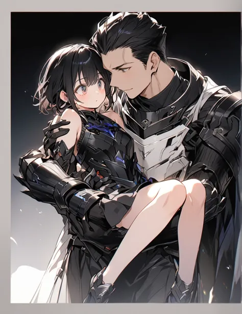 A man in black armor holding a girl with short white hair
