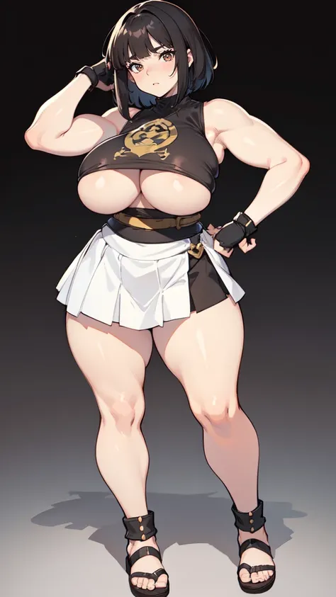 (masterpiece), best quality, female warrior, huge girl, female muscular:1.2, straight hair, black hair, massive breast, curvy, ((thick thighs:1.4)), (((blank background))), ((full body)), fingerless gloves, sandals, sleeveless, covered nipples, (underboobs...