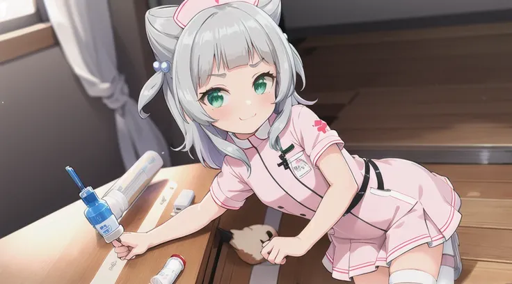 indoor,hospital,One girl, alone, Green Eyes, Grey Hair, hair ornaments, bangs, Virtual YouTuber, Shine, blunt bangs, Double Bang, Animal ears, Lens flare, Flat Chest,Pink nurse uniform,Large syringe, blush, (View your viewers), smile,
