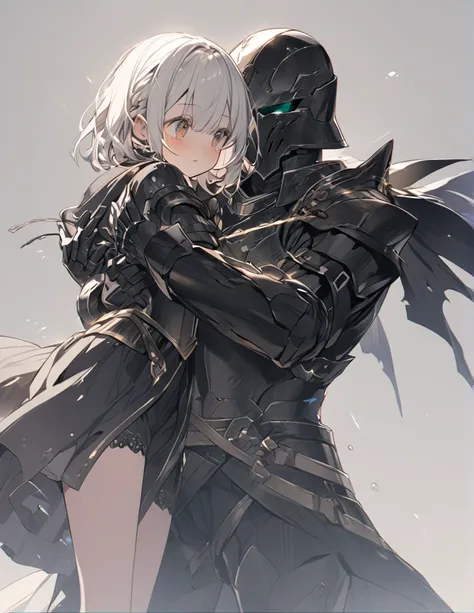 A man in black armor holding a girl with short white hair
