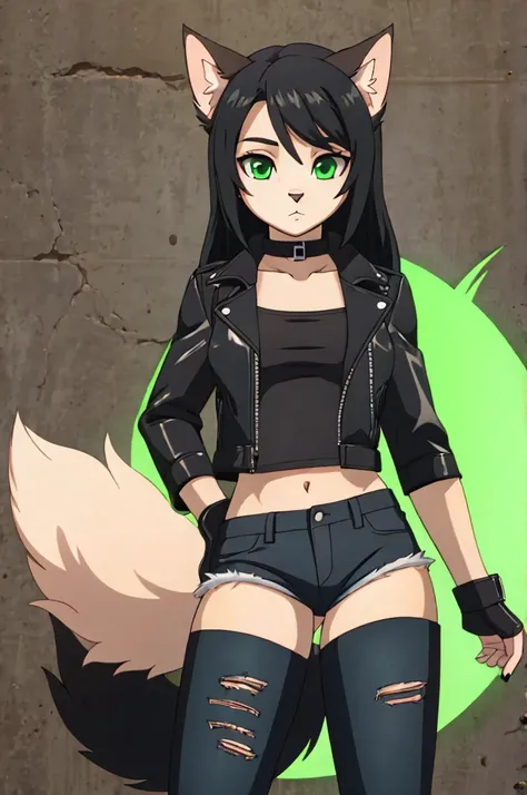 young kitten with green eyes, long black hair. black fur and skin, with white internal parts, in a sexy pose, wearing tight short jean shorts, and a black leather jacket, with a fluffy tail