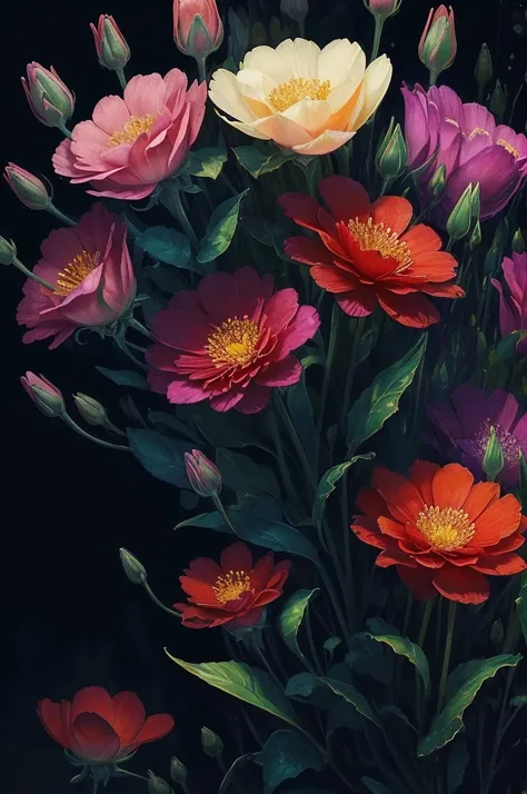 a close up of a bunch of flowers with a dark background, 🌺 cgsociety, beautiful!!! digital art, gorgeous digital art, beautiful detail and color, beautiful color art!, great pinterest photo, rich flower colors, very beautiful digital art, by Marie Bashkirt...