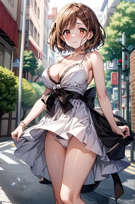 （White dress white、No sleeve、Armpit）、Big Breasts、独奏、Toned body、Bare thighs、(short hair、Brown Hair、Barrette、hair ornaments)、(Brown eyes:1.5)、(yuihirasawa、yui hirasawa、Yui Hirasawa)、(Panty shot、White panties、Panties transparent with sweat、Mansuji)、Big Breast...