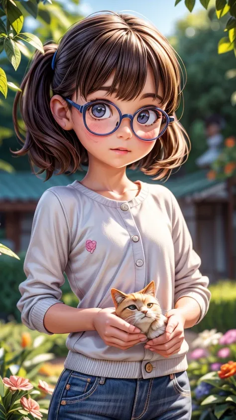 a girl playing with ((animals wearing glasses)), detailed facial features, detailed eyes, detailed nose, detailed lips, intricat...