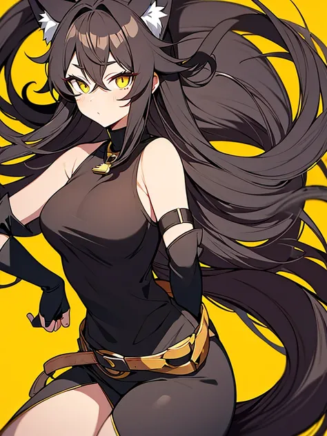 1 cat woman, cat ears, cat tail, long dark brown hair, dark brown hair covering one eye, brown eyes, serene face, black face mask, yellow necklace, black top, black gloves fingerless, blue pants, brown belt, black and white boots, big breasts, big ass, squ...