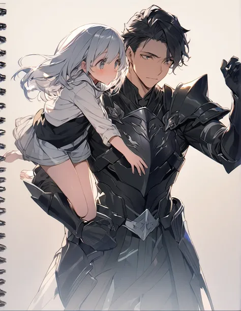 A man in black armor holding a girl with short white hair
