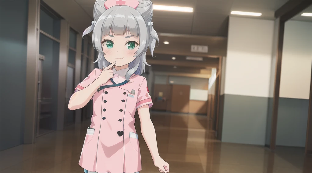 indoor,hospital,One girl, alone, Green Eyes, Grey Hair, hair ornaments, bangs, Virtual YouTuber, Shine, blunt bangs, Double Bang, Animal ears, Lens flare, Flat Chest,Pink nurse uniform,blush, (View your viewers), smile, Are standing