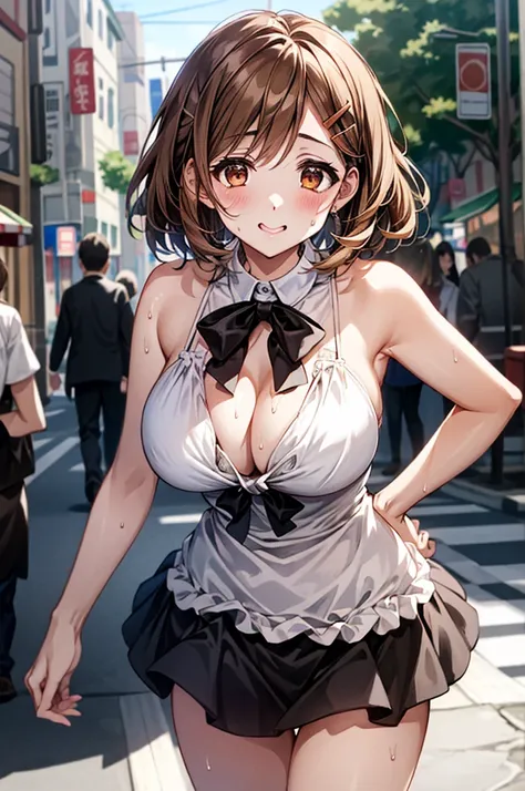 （White dress white、No sleeve、Armpit）、Big Breasts、独奏、Toned body、Bare thighs、(short hair、Brown Hair、Barrette、hair ornaments)、(Brown eyes:1.5)、(yuihirasawa、yui hirasawa、Yui Hirasawa)、(Panty shot、White panties、Panties transparent with sweat、Mansuji)、Big Breast...