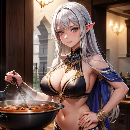 A silver-haired dark elf woman, Making spices.　Showing your belly button　Indian traditional clothing　Tandoori kettle　Tandoori Chicken