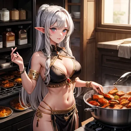 A silver-haired dark elf woman, Making spices.　Showing your belly button　Indian traditional clothing　Tandoori kettle　Tandoori Chicken