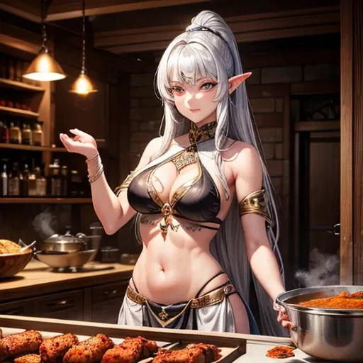 A silver-haired dark elf woman, Making spices.　Showing your belly button　Indian traditional clothing　Tandoori kettle　Tandoori Chicken