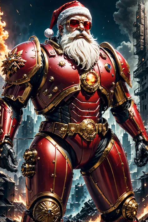 warhammer 40k universe,santa claus,red and gold mechanized armor suit,glowing sunglasses,war-torn environment,destroyed building...