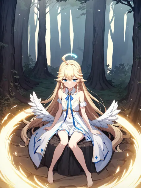 zaora, blue eyes, (variegated eyes:0.5), blonde, very long hair, twin blade, bangs, ahoge, hello, angel, flat chest, white dress...