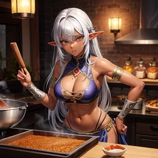 A dark elf woman with silver hair and brown skin., Making spices.　Showing your belly button　Indian traditional clothing　Tandoori kettle　Tandoori Chicken