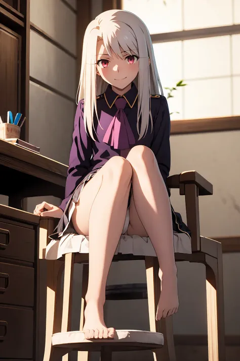 nsfw highest quality, (masterpiece:1.2), Very detailed, destiny/Background of stay, indoor, Illyasviel von Einzbern, etc., One girl, alone, Sitting, Looking at the audience, Mouth closed, smile, Long Hair, Gray Hair, Red eyes, Purple Shirt, Ascot, White sk...