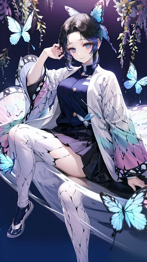 a school uniform with a butterfly-like haori、a truly beautiful smile、realistic、hair is a night 、hair is upstyle、blue butterfly h...