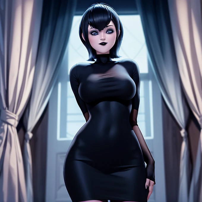 A full body view 1.2 slender big breasts and slender body with thin waist and wide hips long and spread legs, perfect asymmetrical and detailed face blue eyes white skin short hair bob style thick and voluminous lips sensual smile, gothic makeup, 