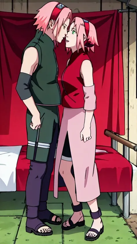 Sakura Haruno, Sakura Shippuden, Sleeveless, Masterpiece, 1 woman, green eyes, Amazing picture of the hot neighbor with her hair tied up in a messy bun. Wearing an unbuttoned olive green off-the-shoulder shirt and an oversized kiss, she makes out passionat...