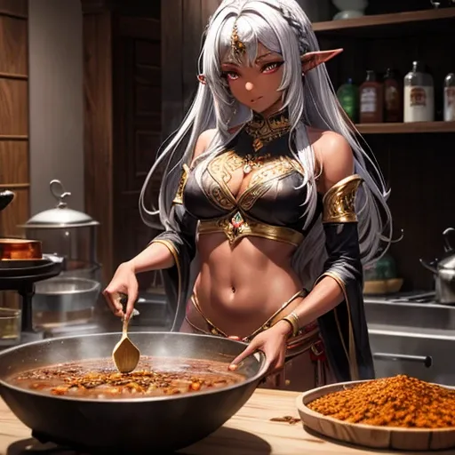 A dark elf woman with silver hair and brown skin., Making spices.　Showing your belly button　Indian traditional clothing　Tandoori kettle　Tandoori Chicken