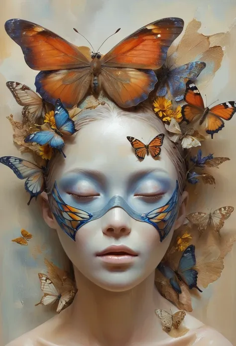 Oil painting of a woman with a butterfly mask on her head, Jonathan Young Pintura, Adriano Borda, Moths crawling on my face, Mixed media in clay form, Intricate oil painting artwork, Shin Jin Hye, Mixed Media, directed by: Ishaq Holtz, Half Woman Half Butt...