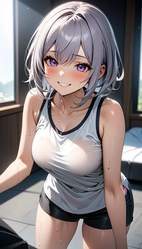 ((Highest quality、Masterpiece、Very detailed、4K))、One Woman、Beautiful Skin、White shirt、No sleeve、Shorts、(Purple Eyes)、(Gray Hair)、stand、((Rin々A beautiful smile))、Sweating