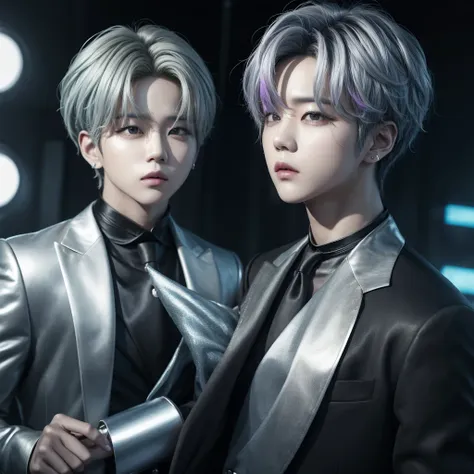 actriz and kpop idol more realism in hair and clothing.  
. "create an image of jimin from bts with a futuristic look: silver ha...