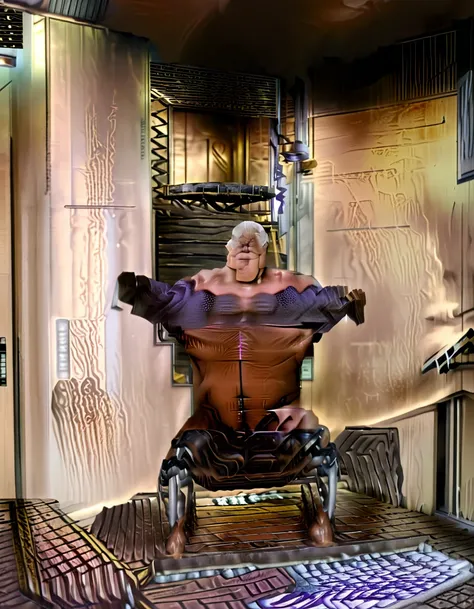 Full body shot of old giant sitting in sauna。Just as big，Too much muscle。The bronzed old man in shorts has a particularly large body。Strong and powerful, hard like a piece of iron, well-developed, full of strength, with a lot of flesh, and black skin。The w...