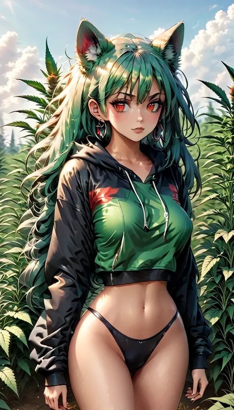   , Croped, , cleavage, slim waist, cropped hoodie underboob, cropped hoodieunderboobhoodie, 1girl, 2 wolf ears, wolf tail, marijuana crop hoodie, crop shorts, marijuana hoodie, spiky hair, spiky fur, green hair, red eyes,marijuana field, tight clothes, pe...