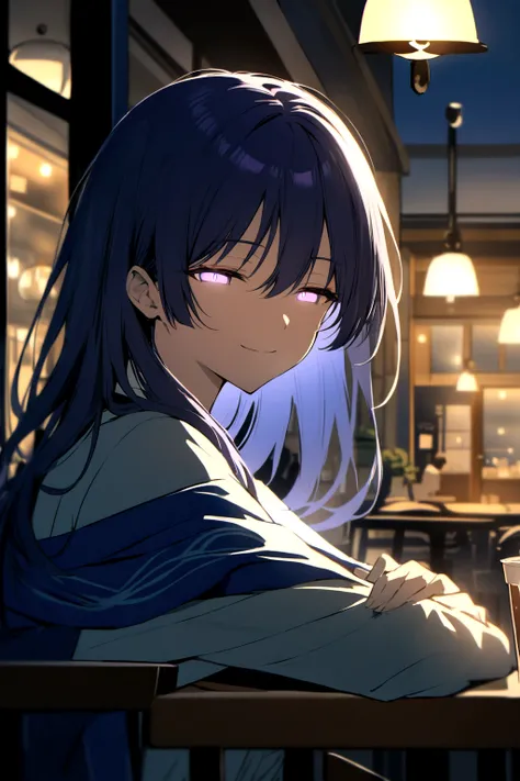 Wanderer smiling softly, half lidded eyes, upper body shot, sitting on a cafe, indigo hair, glowing eyes